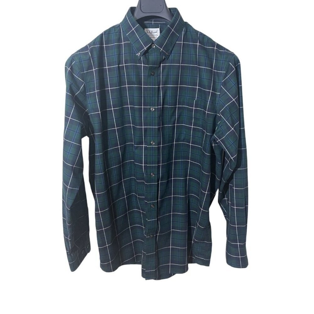 L.l. Bean Men's Green‎ Blue Irish  Plaid Cotton Long Sleeve Shirt M